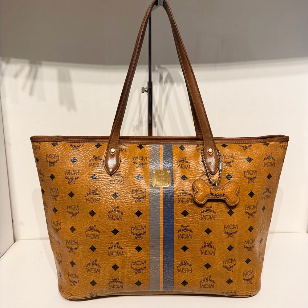 MCM Tan Tote with Blue Stripes - Picture 2 of 11